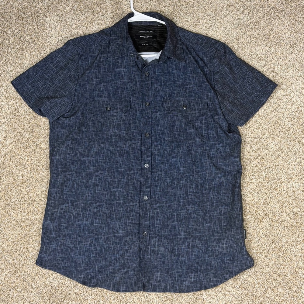 Kenneth Cole New York Slim Fit Button Up Shirt Men's Medium Blue Short Sleeve